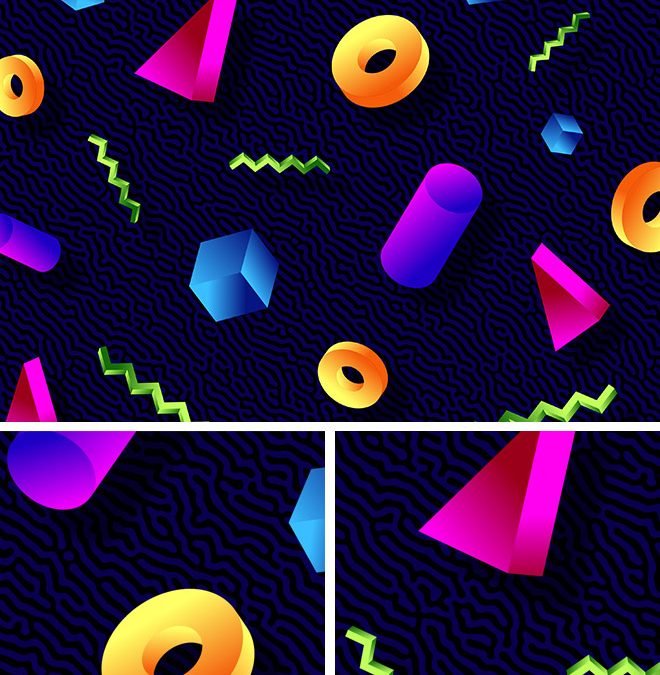 80s Memphis Style Pattern with Colourful 3D Shapes