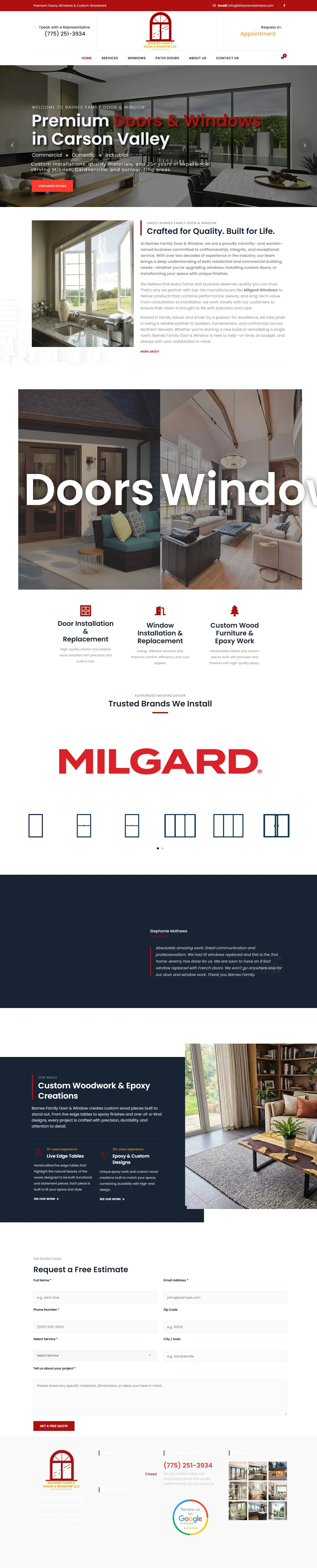Real Barnes Family Door & Window desktop homepage showing its logo, window and door services, product brands and estimate form