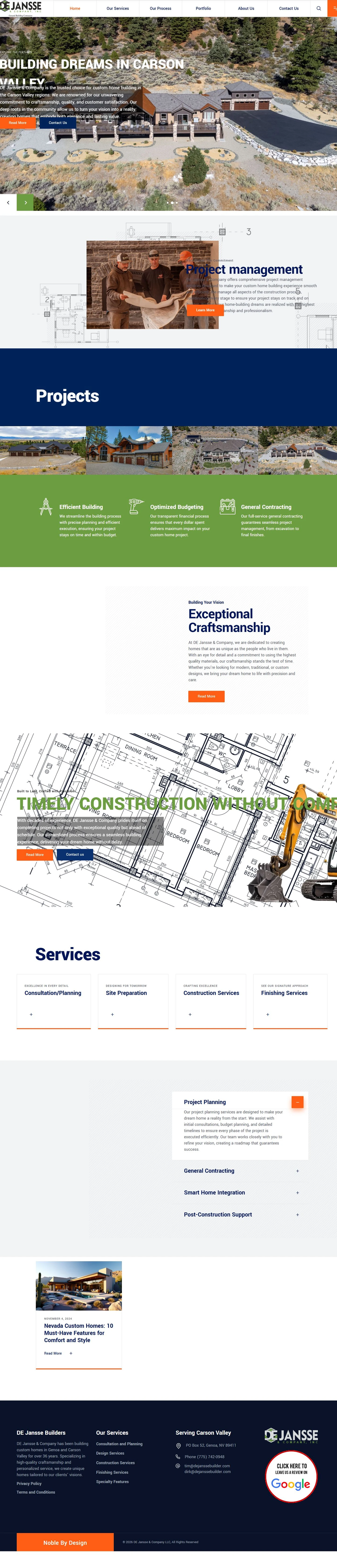 Real De Jansse Builders homepage, from custom home projects to services and contact information