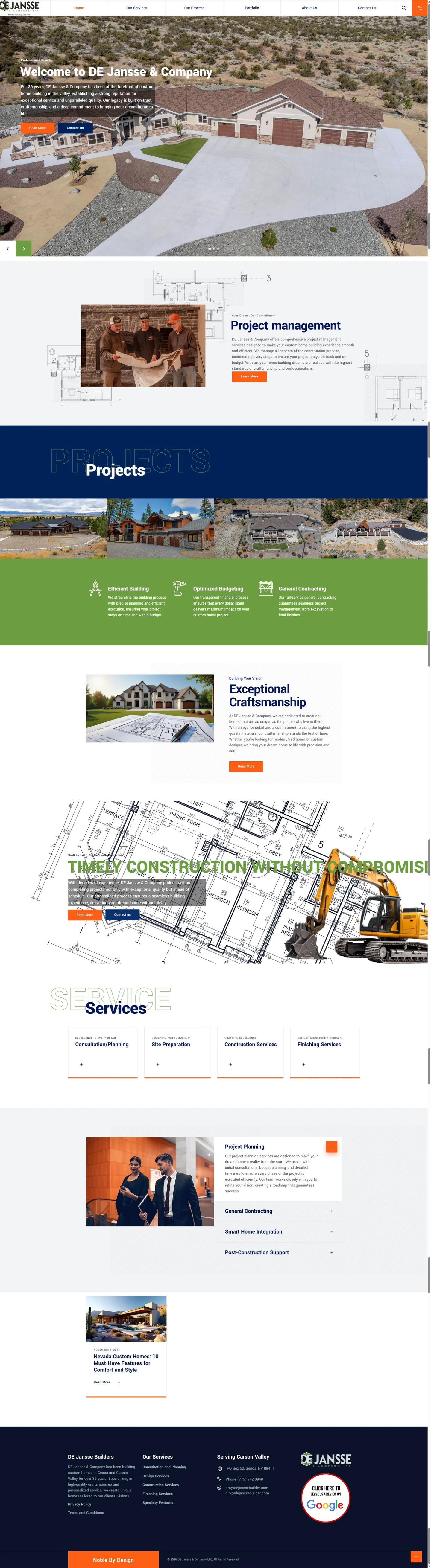 Real De Jansse Builders homepage, from custom home projects to services and contact information