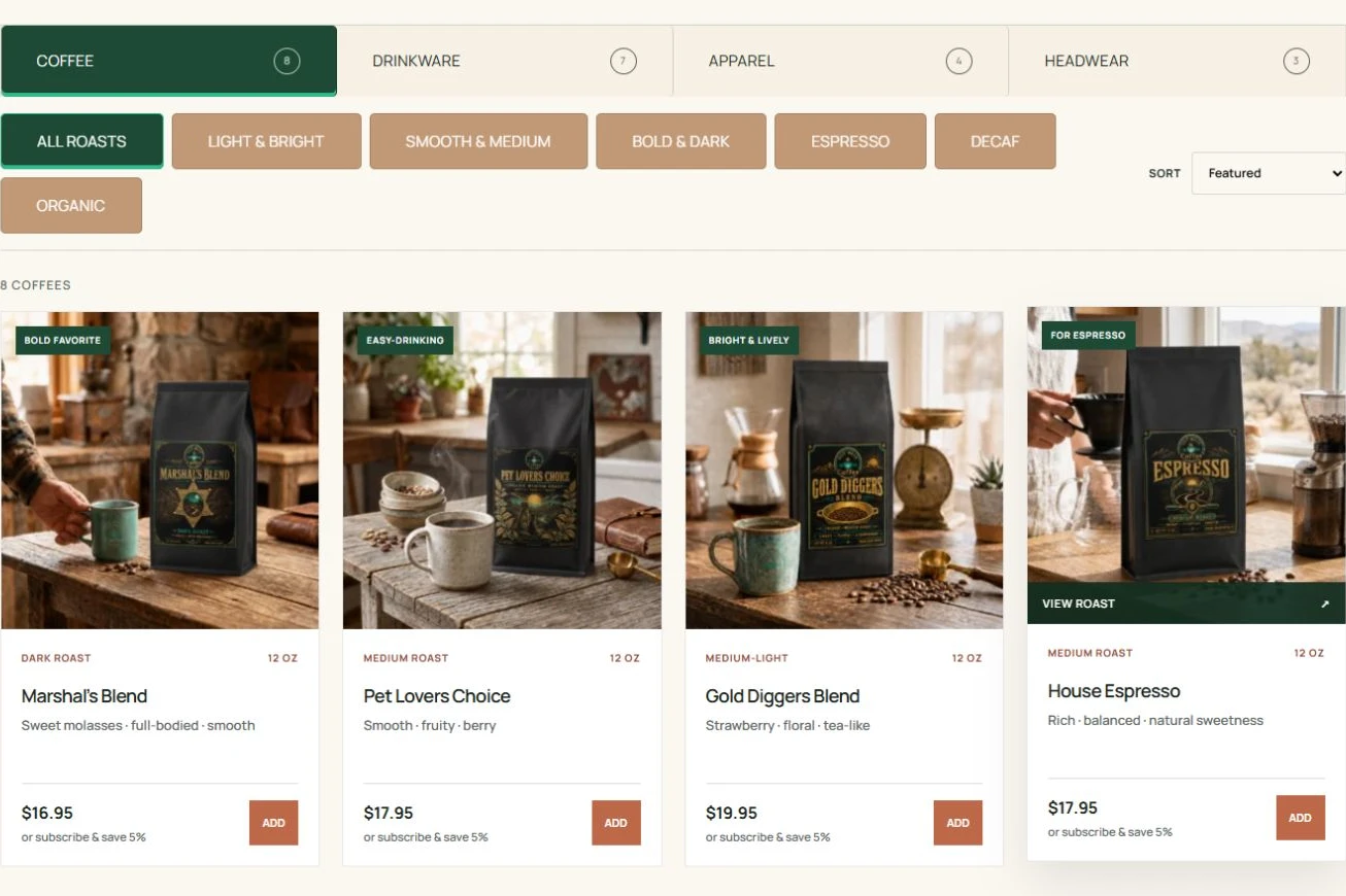 Out West Coffee collection with roast filters and four real coffee products