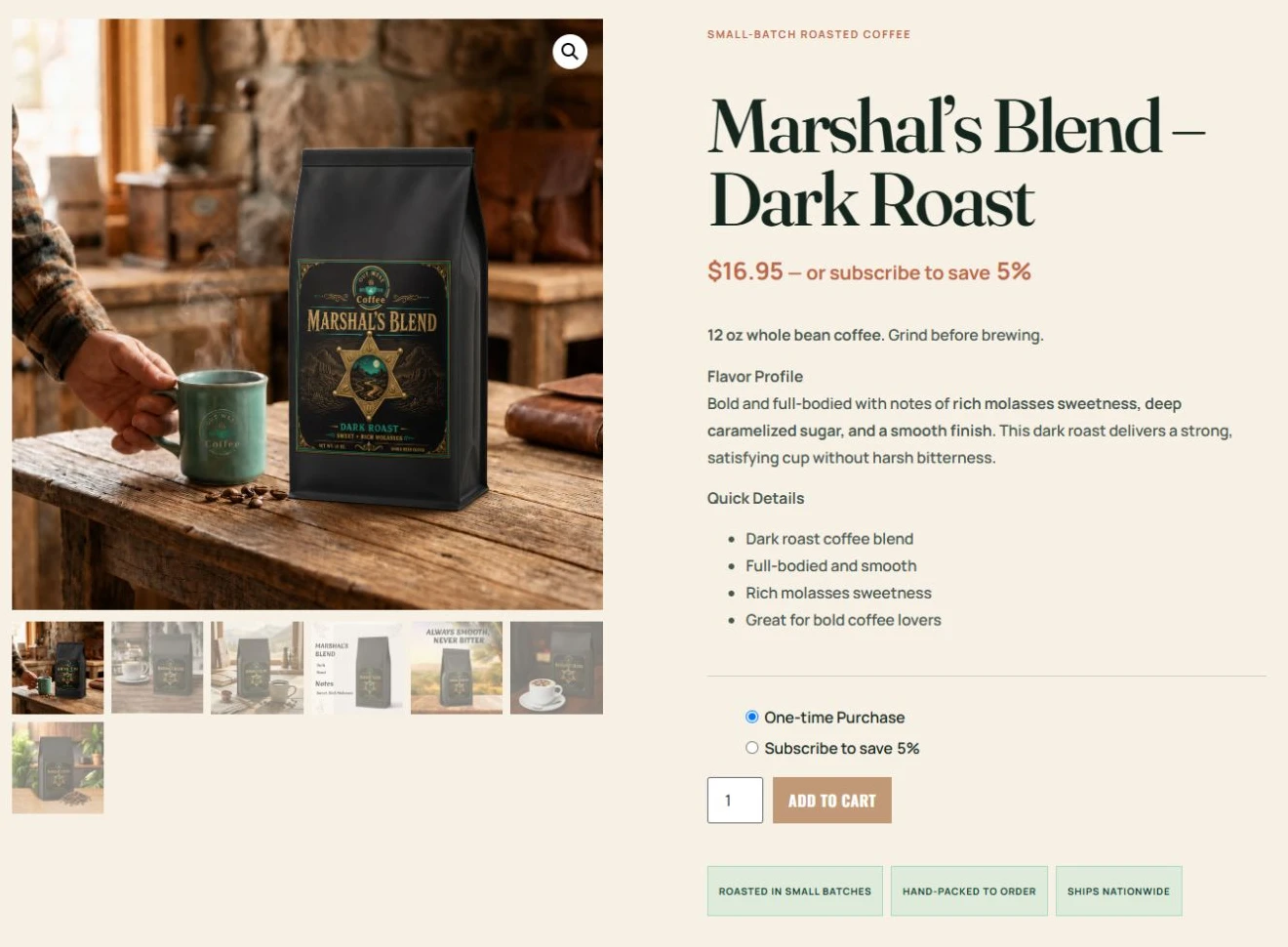 Marshal’s Blend product page showing its photography, price, details, purchase options and Add to Cart