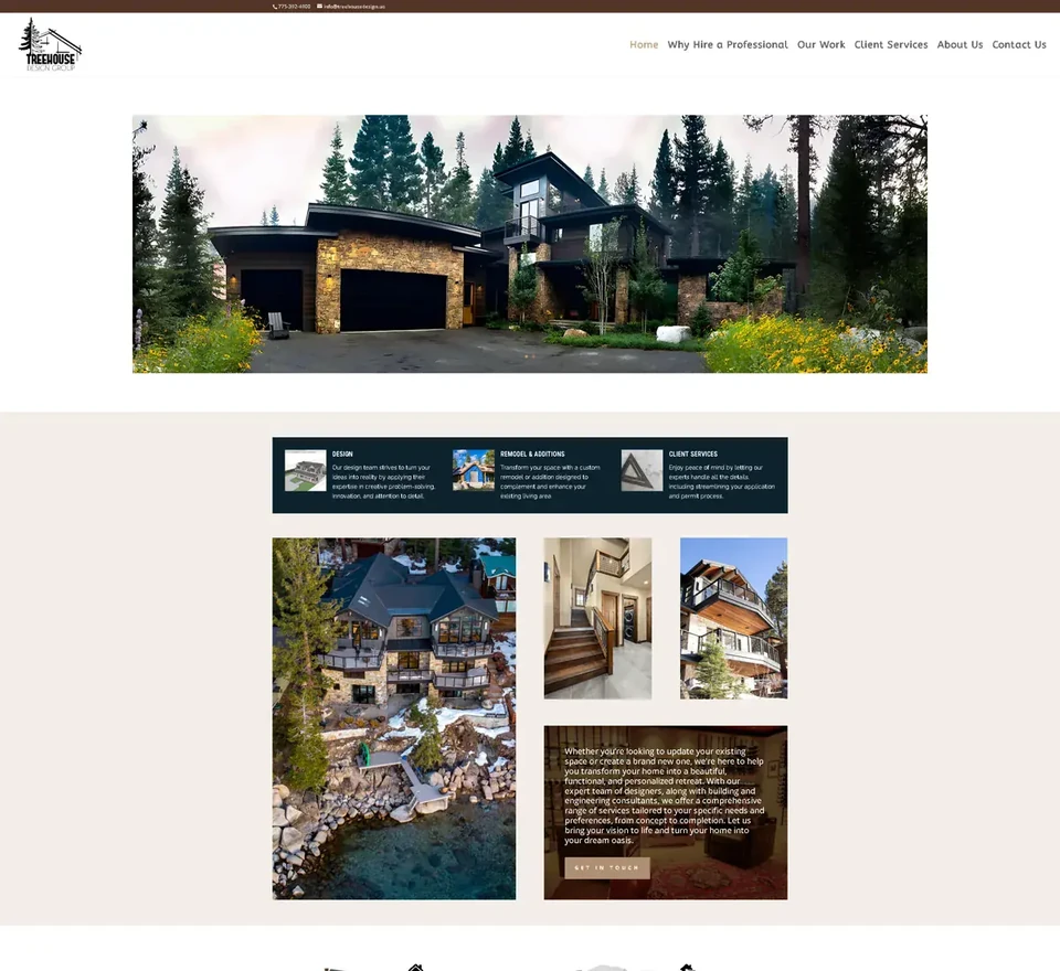 Finished Treehouse Design Group website by Noble By Design, showing its custom home photography and design services.