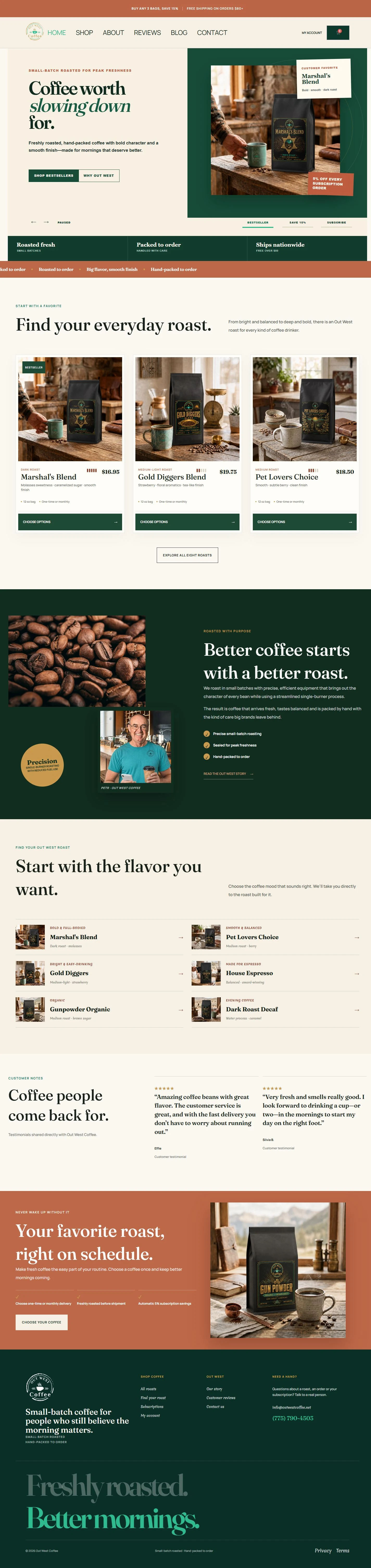 Real Out West Coffee homepage with Marshal’s Blend, Gold Diggers Blend and Pet Lovers Choice, plus the brand story and roast guide