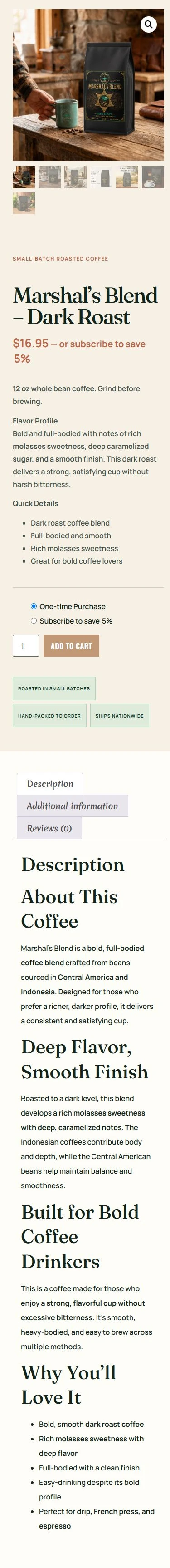 Real mobile Marshal’s Blend product page showing the black coffee bag, image gallery, dark roast name and purchase information