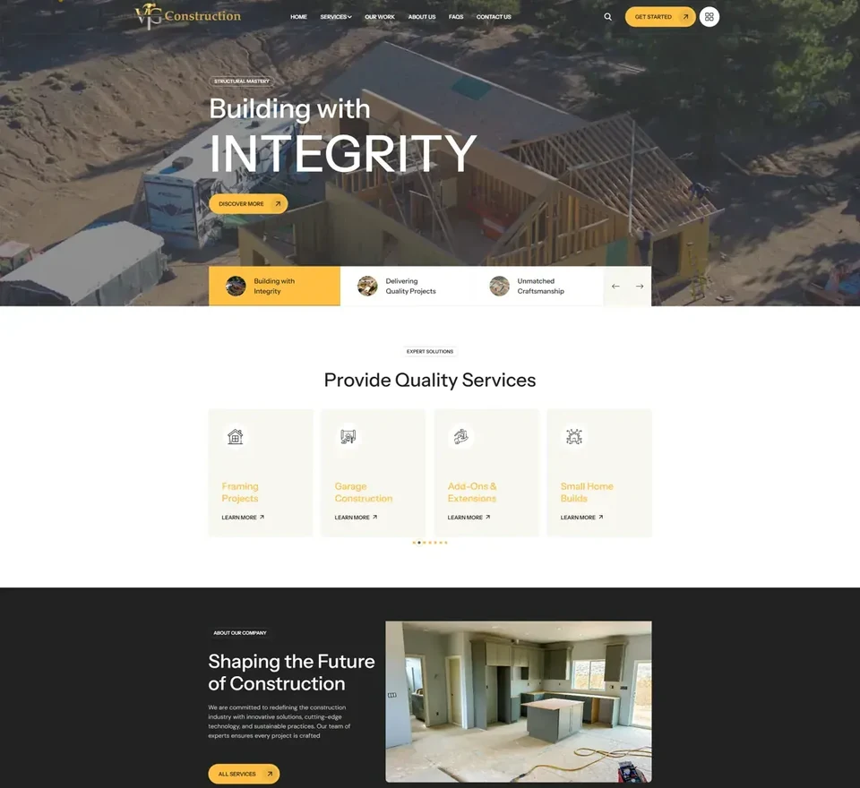 Finished VG Construction website by Noble By Design, showing its building photography, headline and services.