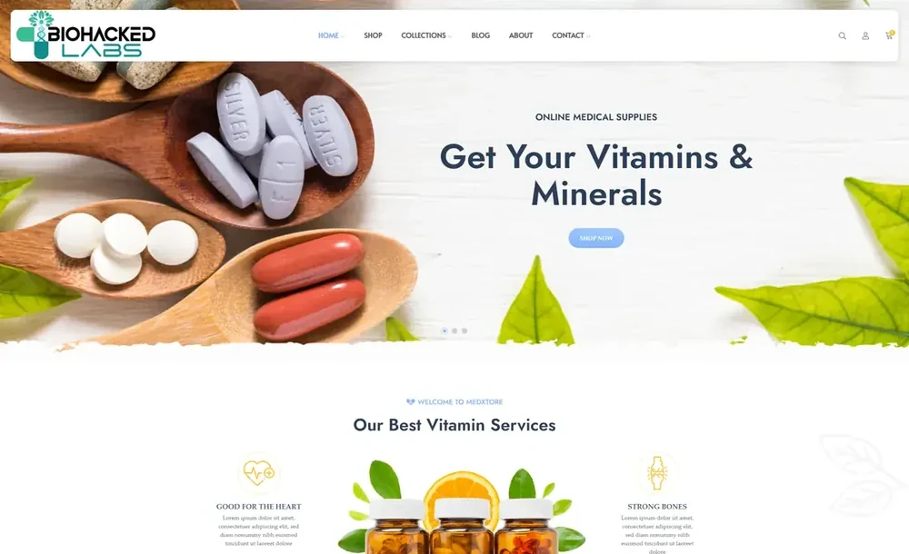Archived BioHacked Labs storefront design with supplement product imagery