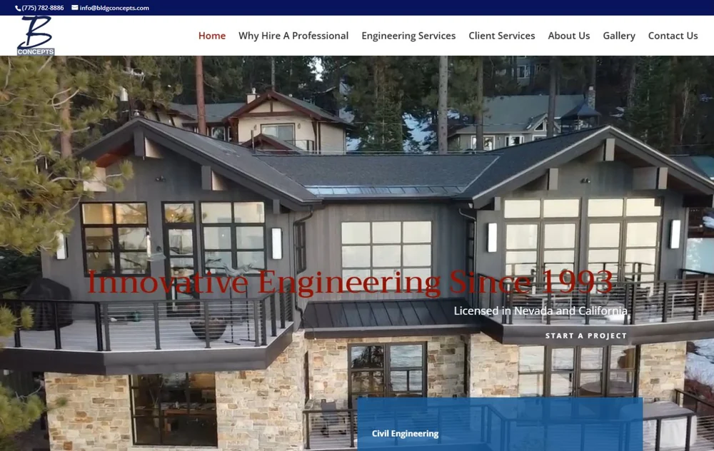 Current Building Concepts homepage with real custom home and engineering imagery