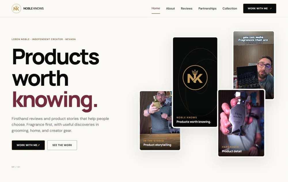 Current Noble Knows homepage showing Loren Noble and firsthand product storytelling