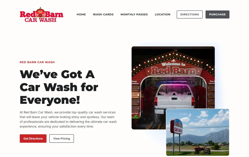 Current Red Barn Car Wash homepage with genuine wash and location photography