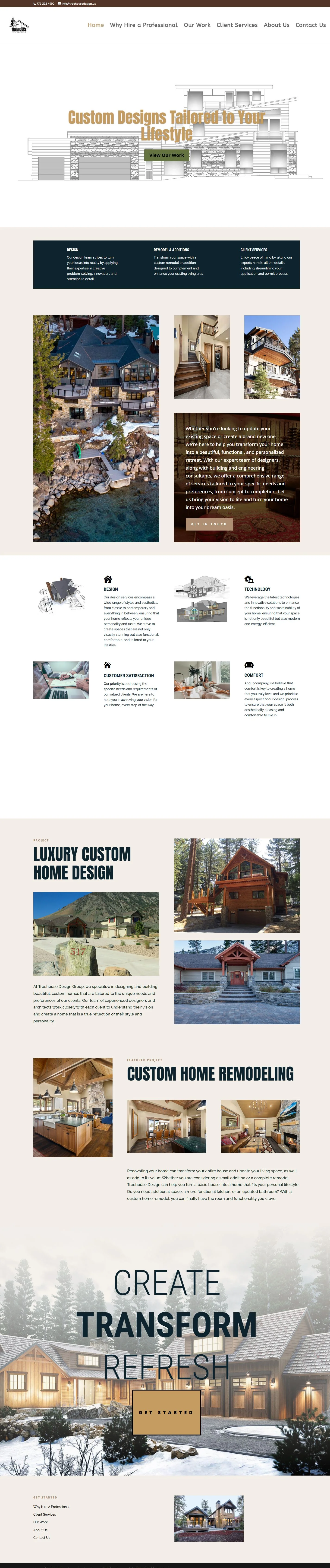 Real Treehouse Design Group homepage, showing custom home designs, residential projects, remodeling and interiors