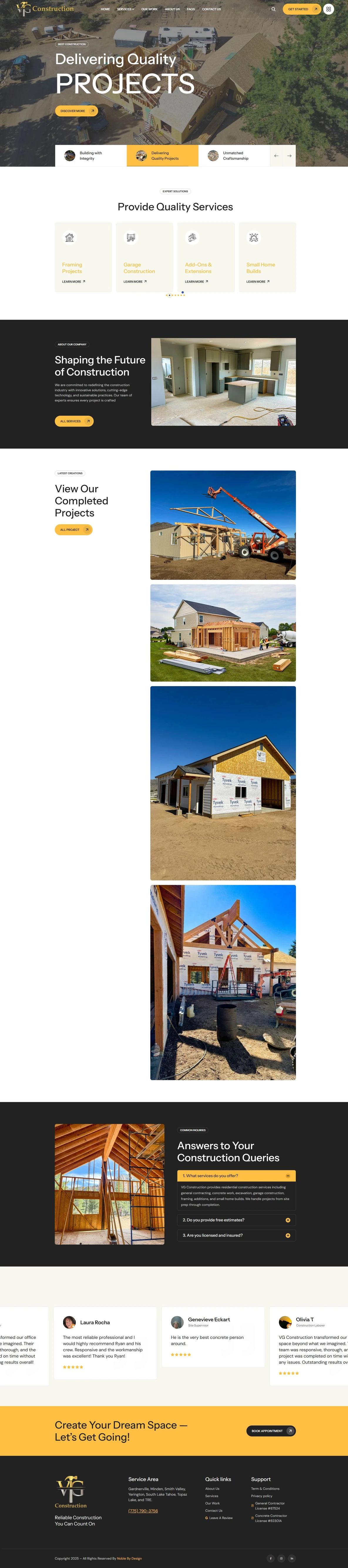 Real VG Construction homepage, showing residential construction services, completed projects, FAQs and contact information