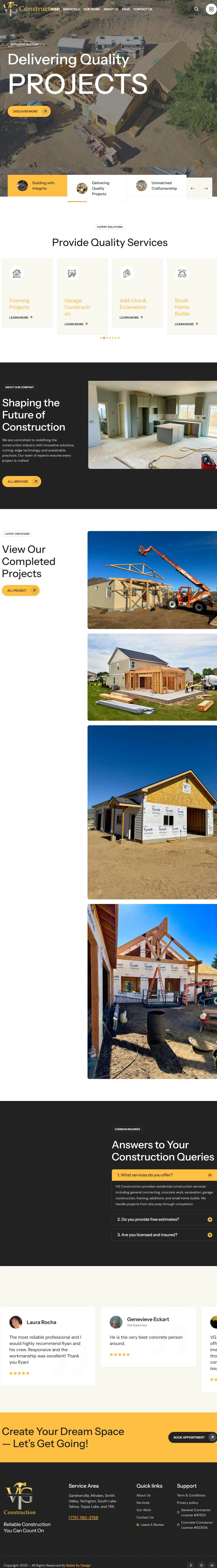 Real VG Construction homepage, showing residential construction services, completed projects, FAQs and contact information