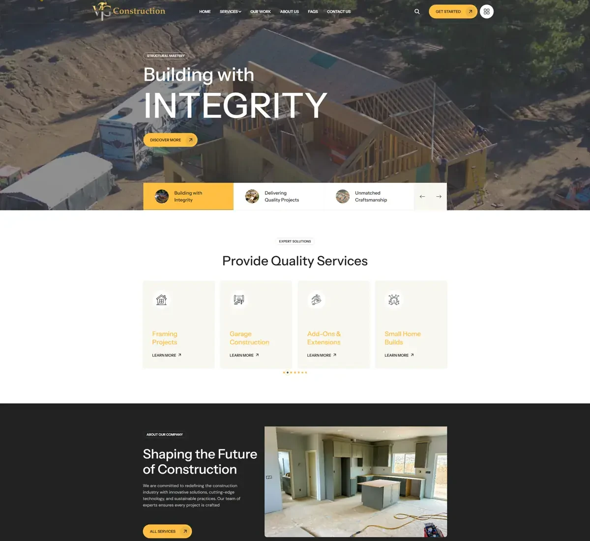 VG Construction desktop website featuring the Building with Integrity homepage and construction services