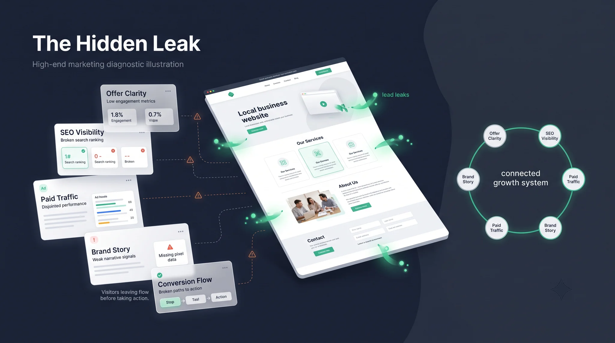 Marketing diagnostic showing leaks across offer clarity, SEO visibility, paid traffic, brand story, and conversion flow