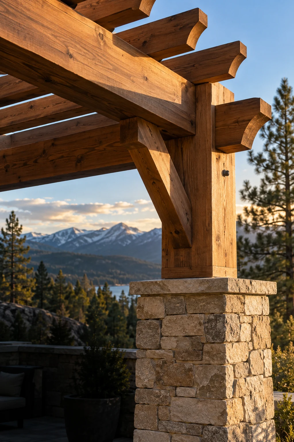 Close-up of a timber pergola joint and textured natural stone in warm light