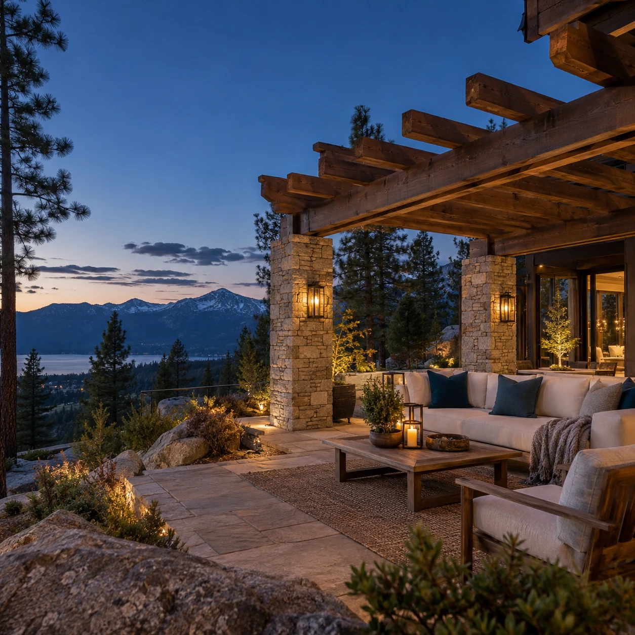 Inviting outdoor lounge seating beneath a timber pergola at dusk