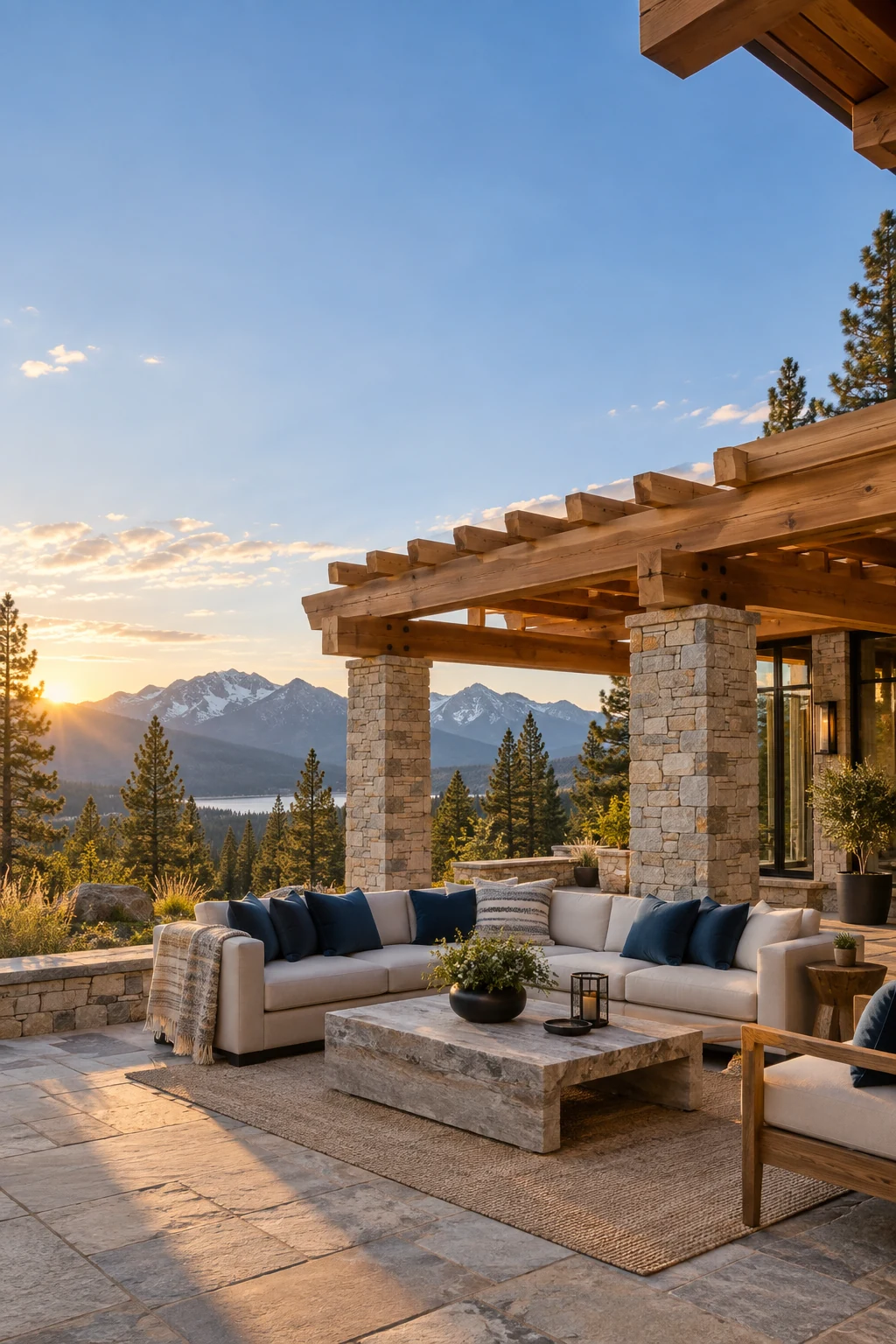 A finished stone patio with a timber pergola and comfortable seating in warm evening light